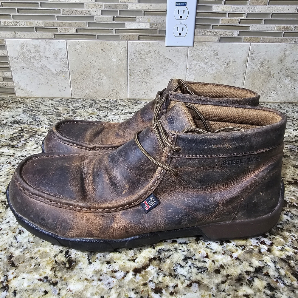Men's Justin Original Work Boots Cappie Sz 12M Leather Cowboy Steel Toe